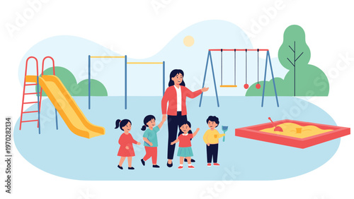 Kindergarten teacher looking after group of small children playing in public park playground with slide and sandbox on sunny day.