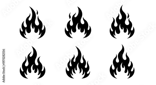 Set of six black fire flame icons on a white background.
