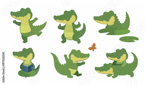 Cute cartoon crocodile character set playful reptile vector collection
