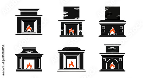 Set of six classic fireplaces with burning flames.