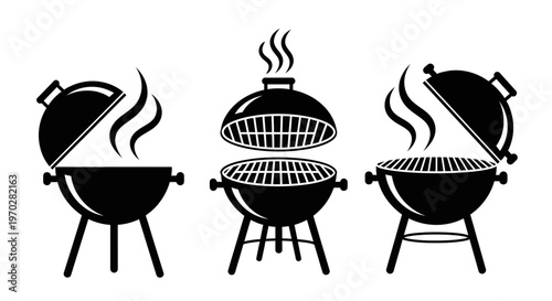 Set of three black silhouette barbecue grills with smoke.