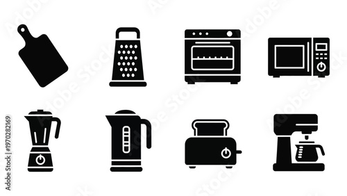 A collection of black kitchen appliances including a blender toaster and oven presented as a clean silhouette high quality professional detailed