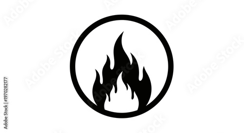 Fire Flame Icon in Circle, Black and White Illustration.