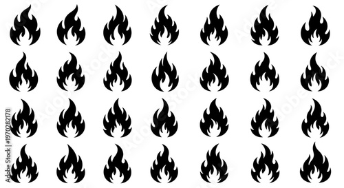Fire flame icon set, black silhouette of a burning fire, simple vector illustration.