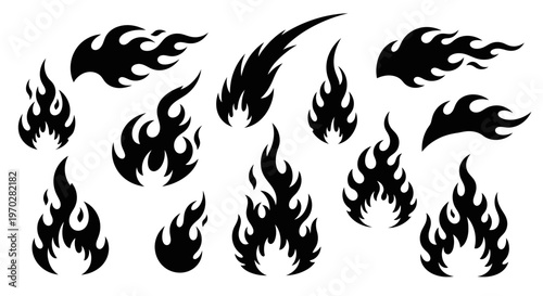 Set of various black fire and flame silhouettes on a white background.