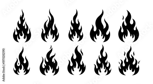 Set of various black fire flame shapes isolated on a white background.