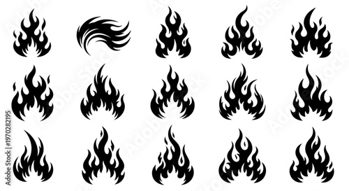 Set of various fire flames and burning elements.