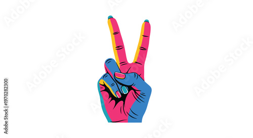 Bold graphic illustration of a hand making the peace sign gesture rendered in a vibrant palette of pink, blue, and yellow.