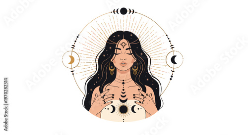 Mystical illustration of a serene woman with flowing dark hair surrounded by moon phases, golden rays, and celestial symbols.