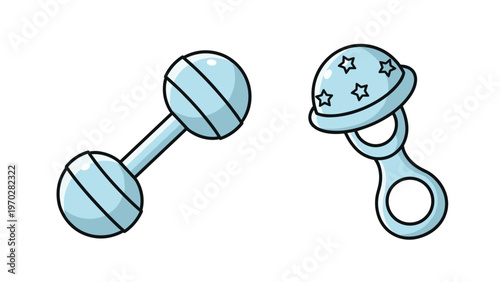 Blue baby rattles with stars and stripes patterns are displayed as essential accessories for infant play and early sensory development themes.