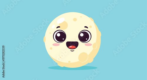 Adorable cartoon moon character with a wide happy smile and large twinkling eyes on a solid light blue background.