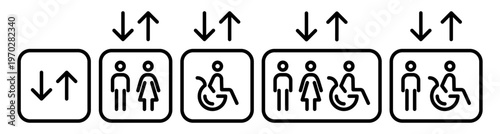 Elevator capacity icons with people group and wheelchair user. Accessible lift signage for occupancy limit, navigation and building interiors. Minimal outline vector set.