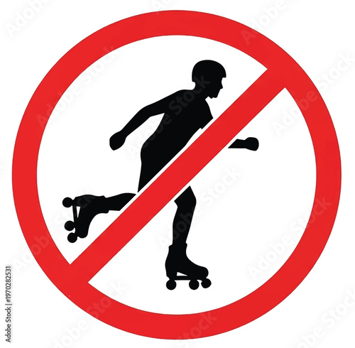 No roller skating sign. Black silhouette of a person on roller skates inside a red prohibition circle. Safety warning for pedestrian zones, sidewalks, or restricted indoor areas.