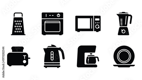 A collection of black kitchen appliances depicted as simple solid shapes including a toaster and kettle silhouette high quality professional detailed