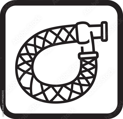 Premium high-definition black-and-white vector icon of a pneumatic hose with braided reinforcement for industrial schematics, engineering diagrams, pneumatic system documentation, factory