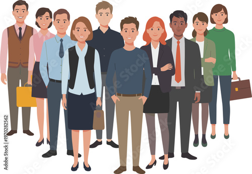Group of diverse professionals standing in a line holding briefcases and folders