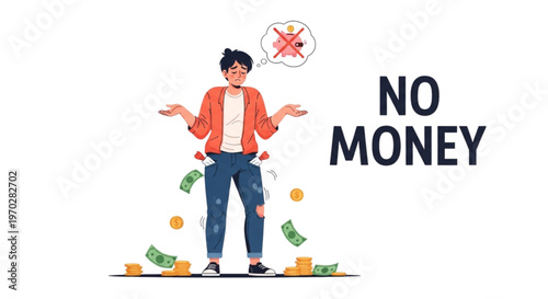 No Money Vector Illustration with Empty Wallet and Coins