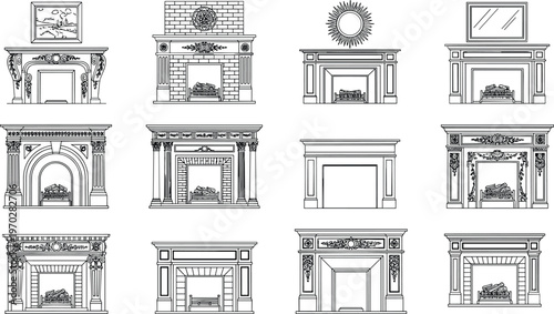 Collection of twelve detailed black and white architectural line drawings featuring various classic and modern fireplace mantel designs.