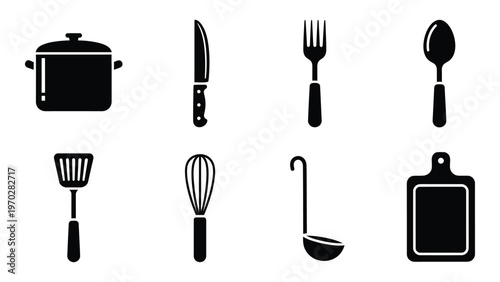 A collection of black kitchen utensils including pots pans and cutlery displayed in a stark silhouette high quality professional detailed modern