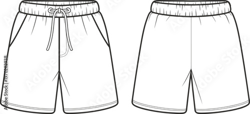 Vector illustration of casual drawstring shorts front and back view, elastic waistband, side pockets, minimal line art apparel template design