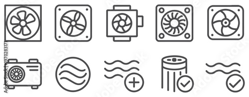 Air conditioner maintenance icon set line style set collection, simple vector icons for AC cleaning, repair, and servicing, modern outline design