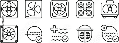 Air conditioner maintenance icon set line style set collection, simple vector icons for AC cleaning, repair, and servicing, modern outline design