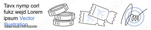 Finance, ticketing, authentication, digital transactions, contracts, agreements. Stack of coins, two tickets and a round signature. Finance and authentication concepts with minimal icons
