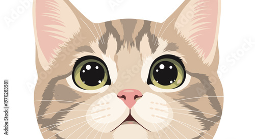 Close up illustration of a cute tabby kitten with big green eyes and a curious expression on a white background.
