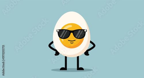 Funny cartoon character of a hard boiled egg wearing black sunglasses and standing with confidence for a summer theme.