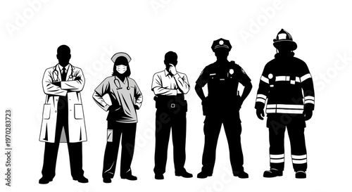 Silhouettes of essential workers standing together, representing various professions.