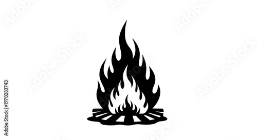 Simple black and white illustration of a campfire with flames.