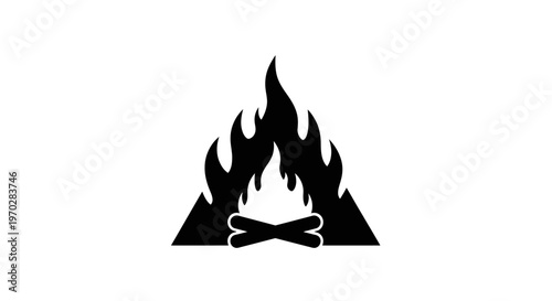 Simple black and white illustration of a campfire with flames and logs.