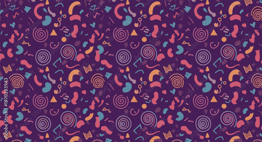 Fototapeta premium Vibrant seamless pattern with various colorful abstract shapes and geometric squiggles on a dark purple background.