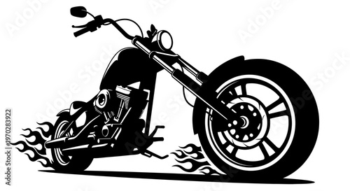 Stylized black and white illustration of a classic chopper motorcycle with flames, depicting speed and power.