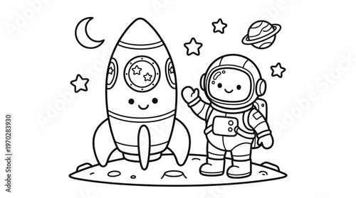 Astronaut standing beside a rocket ship.