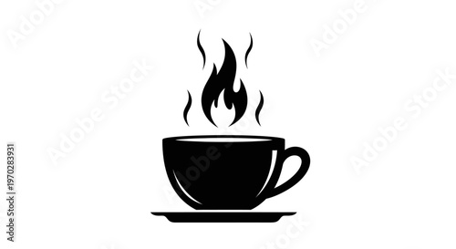 Steaming hot cup of coffee or tea with fire icon.