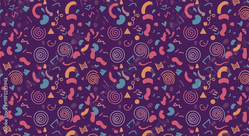 Vibrant seamless pattern with various colorful abstract shapes and geometric squiggles on a dark purple background.