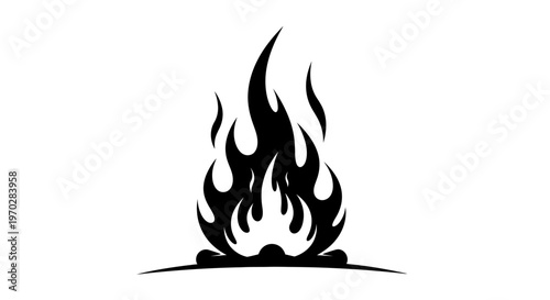 Stylized Black Fire Flame Icon on White Background.