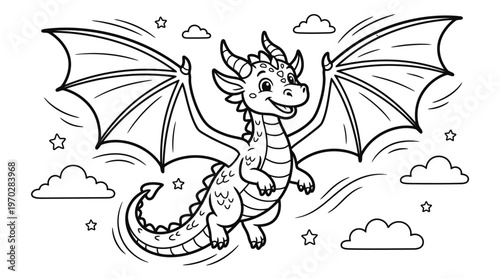 Smiling dragon with big wings flying.