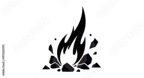 Stylized black flame with scattered embers and rocks on a white background, simple graphic design.