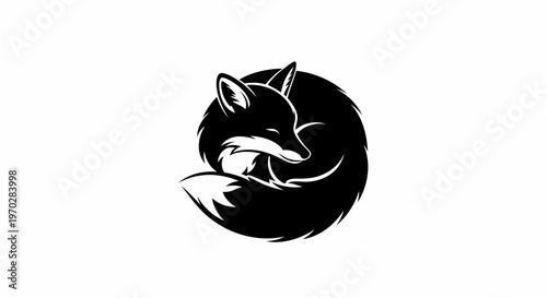 Stylized Black Fox Curled Up Sleeping Logo Design.