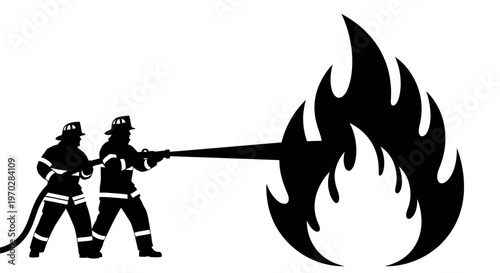 Two firefighters battling a large fire with a powerful hose stream, depicted in a striking black and white silhouette.