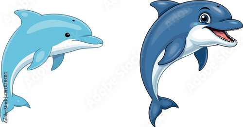 Cute dolphin cartoon vector illustration set with smiling sea animals, blue ocean mammals characters isolated on white background design