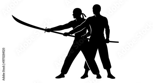 Two martial artists in silhouette practicing with swords, demonstrating a dynamic combat pose.