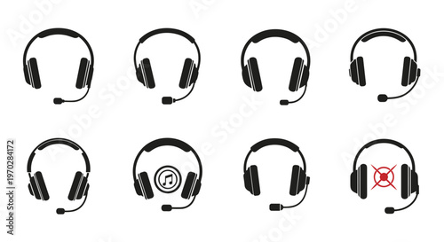 Set of eight diverse headset and microphone icons for customer service, call centers, and gaming communication design.