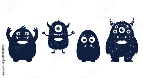 Collection of four cute and quirky monster characters in dark blue silhouettes with different expressions and shapes.