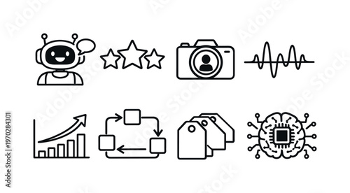 Artificial intelligence applications: chatbot robot, recommendation stars, image recognition camera, voice assistant waveform, predictive graph