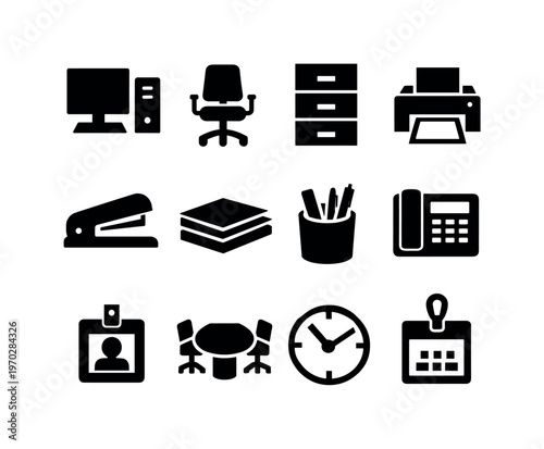 Office and workplace: office desk, desktop computer, swivel chair, filing cabinet, printer, stapler, paper stack, pen holder, office phone, ID badge