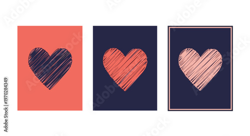 Set of three colorful cards featuring hand sketched hearts on solid backgrounds for love and romantic messages.
