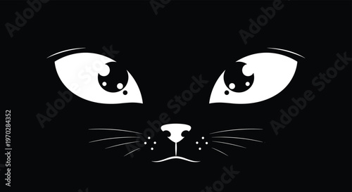 Stylized black cat face with large white eyes and whiskers peering from the darkness for a mysterious animal design.